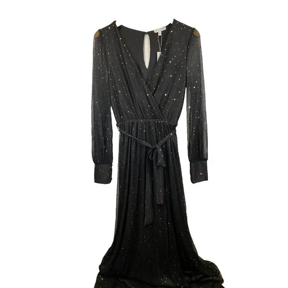 Baltic Born Abigail Sparkle Gown Black Gold Sequins Semi Sheer V Neck Medium New - Picture 4 of 14
